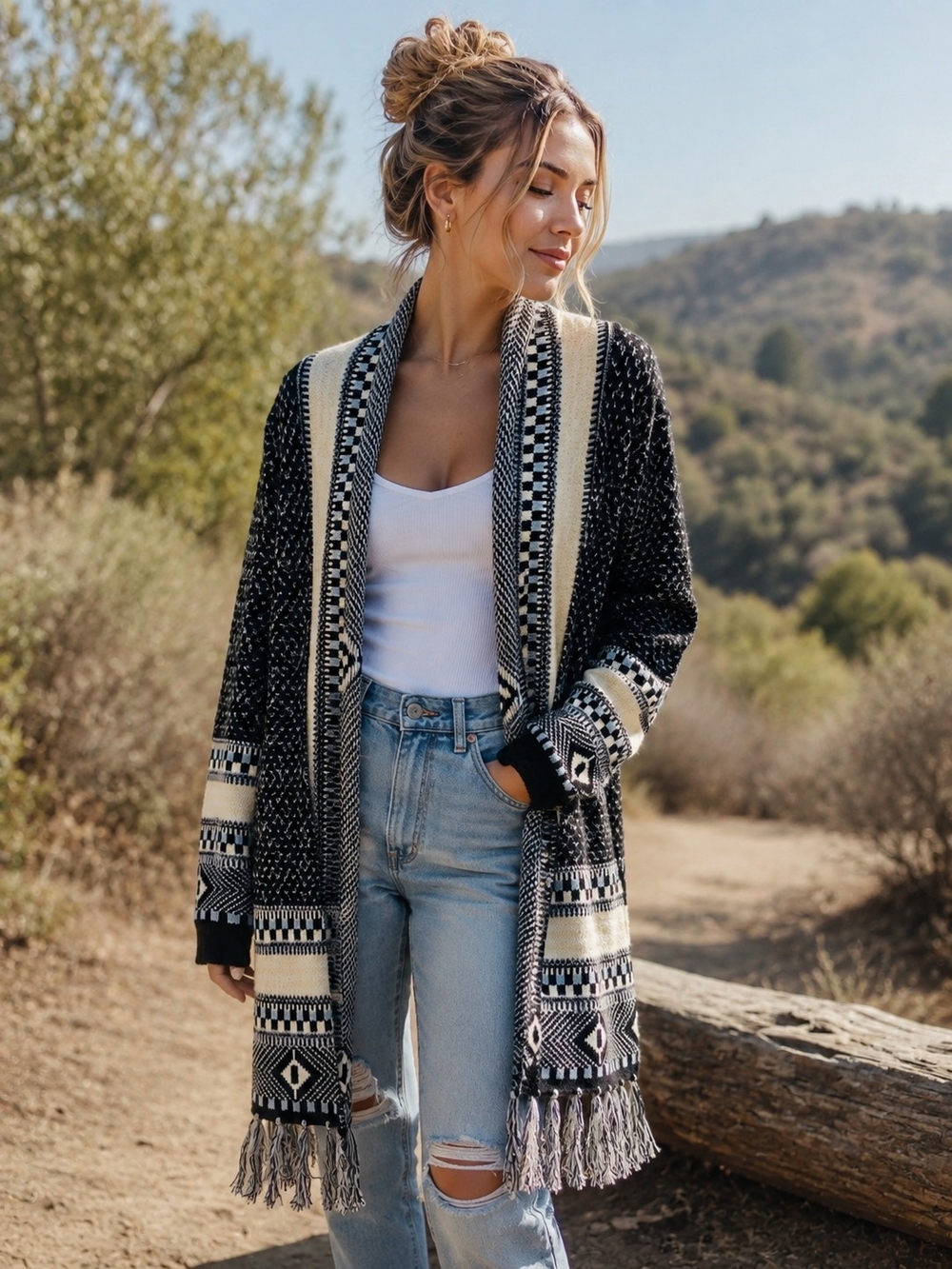 GAP Womens M Black Cream Southwestern Aztec Long Cardigan Fringe Sweater